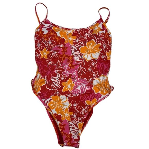 Roxy Juniors Sz S Swimsuit Sea Spray Hibiscus Printed One Piece Pink Red NWT New - Picture 3 of 6